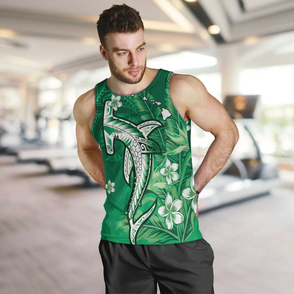 Personalized Hawaiian Maori Hammerhead Shark Men Tank Top Omaomao Plumeria LT9 Green - Polynesian Pride