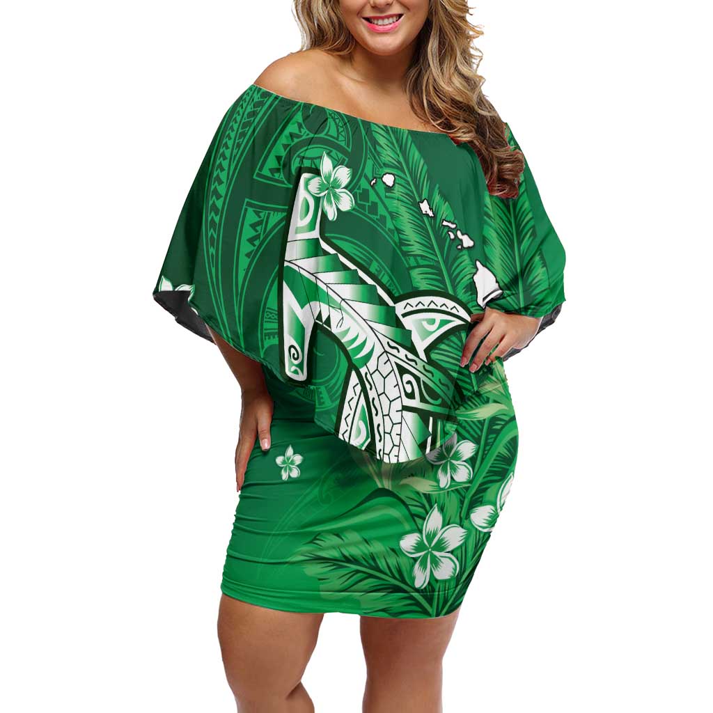 Personalized Hawaiian Maori Hammerhead Shark Off Shoulder Short Dress Omaomao Plumeria - Polynesian Pride