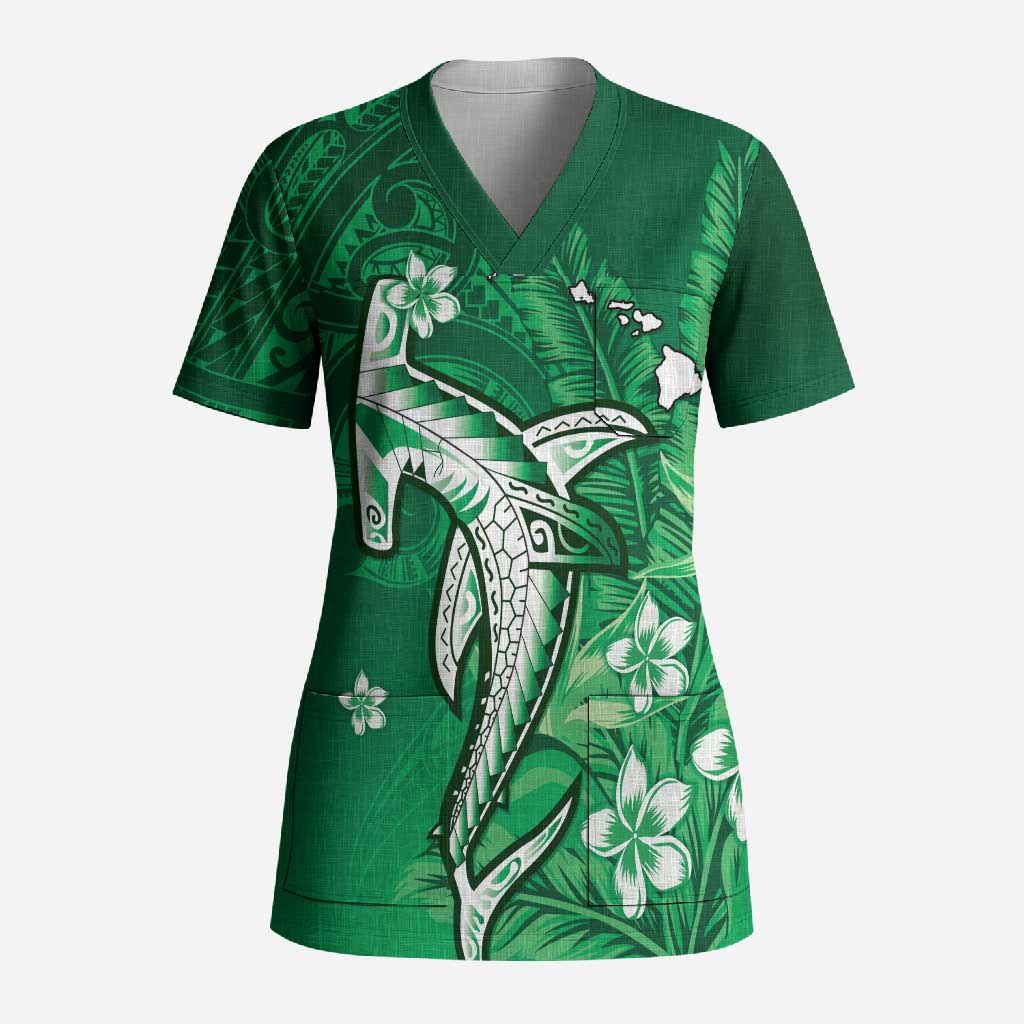 Personalized Hawaiian Maori Hammerhead Shark Scrub Top Omaomao Plumeria - Polynesian Pride