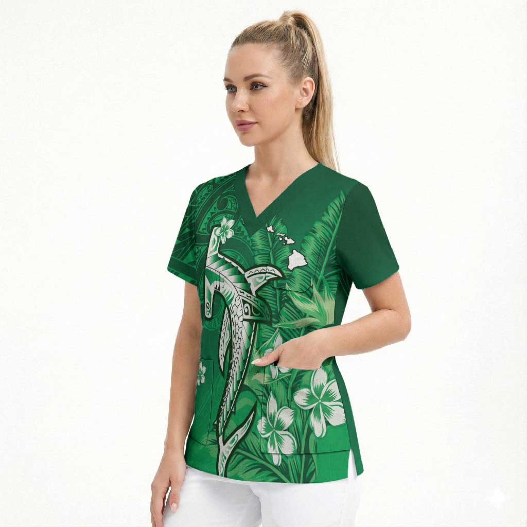 Personalized Hawaiian Maori Hammerhead Shark Scrub Top Omaomao Plumeria - Polynesian Pride