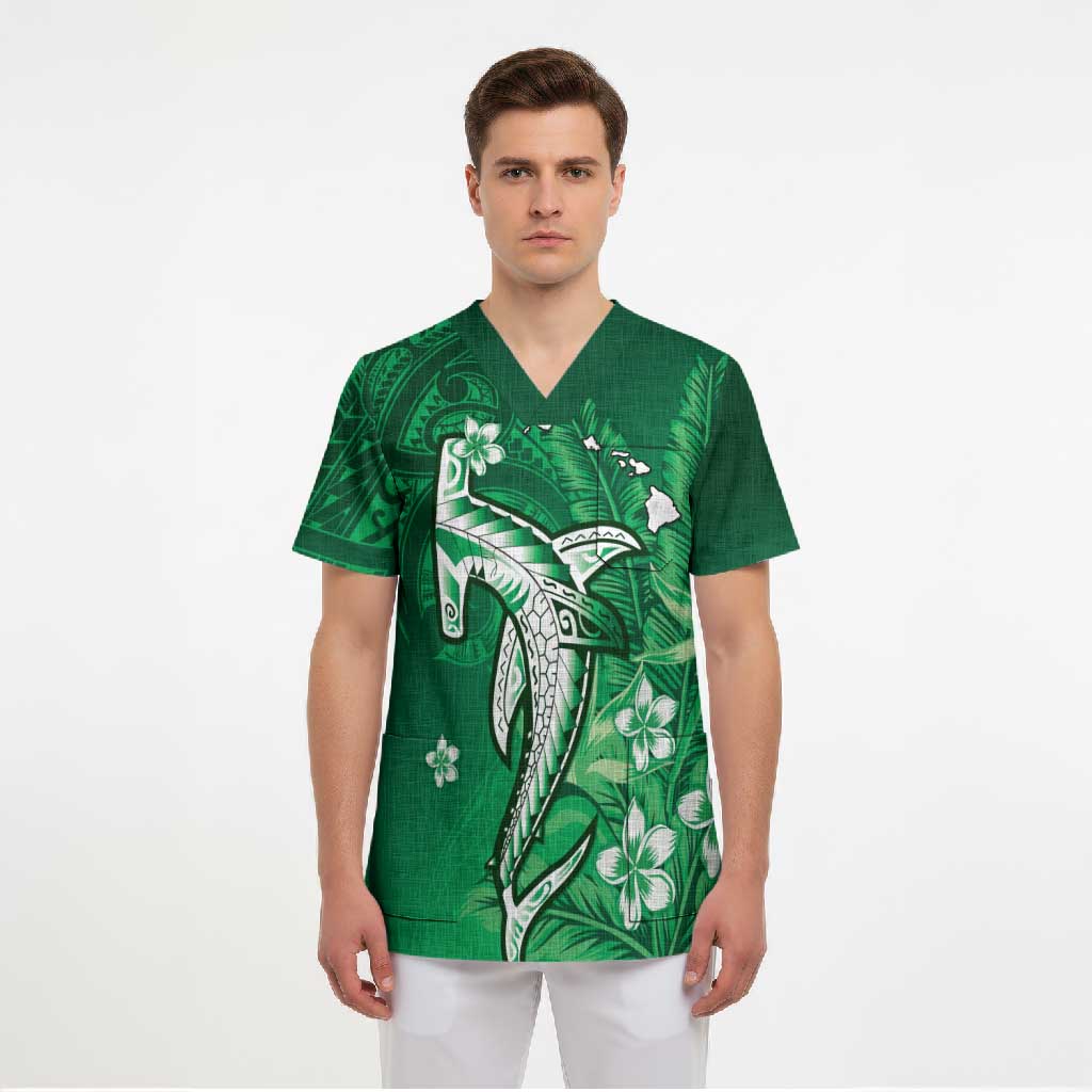 Personalized Hawaiian Maori Hammerhead Shark Scrub Top Omaomao Plumeria - Polynesian Pride