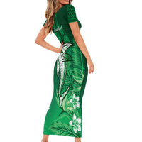 Personalized Hawaiian Maori Hammerhead Shark Short Sleeve Bodycon Dress Omaomao Plumeria - Polynesian Pride