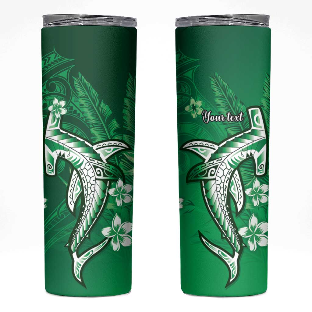 Personalized Hawaiian Maori Hammerhead Shark Skinny Tumbler Omaomao Plumeria LT9 Green - Polynesian Pride