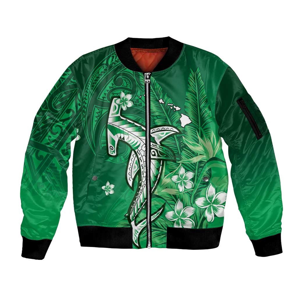 Personalized Hawaiian Maori Hammerhead Shark Sleeve Zip Bomber Jacket Omaomao Plumeria - Polynesian Pride