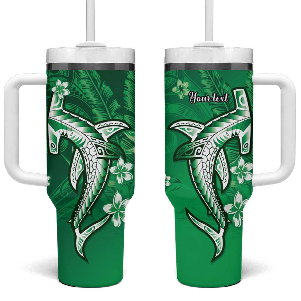 Personalized Hawaiian Maori Hammerhead Shark Tumbler With Handle Omaomao Plumeria LT9 One Size: 40 oz Green - Polynesian Pride
