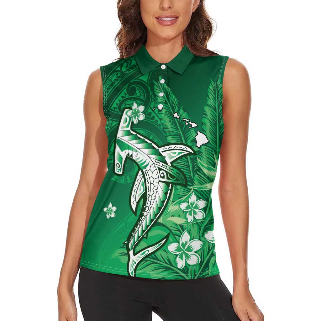 Personalized Hawaiian Maori Hammerhead Shark Women Sleeveless Polo Shirt Omaomao Plumeria - Polynesian Pride