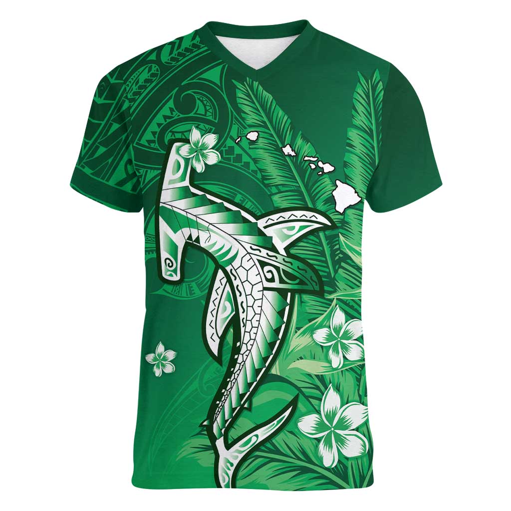 Personalized Hawaiian Maori Hammerhead Shark Women V-Neck T-Shirt Omaomao Plumeria - Polynesian Pride