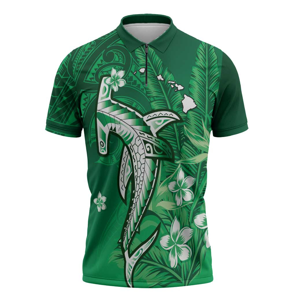 Personalized Hawaiian Maori Hammerhead Shark Zipper Polo Shirt Omaomao Plumeria - Polynesian Pride