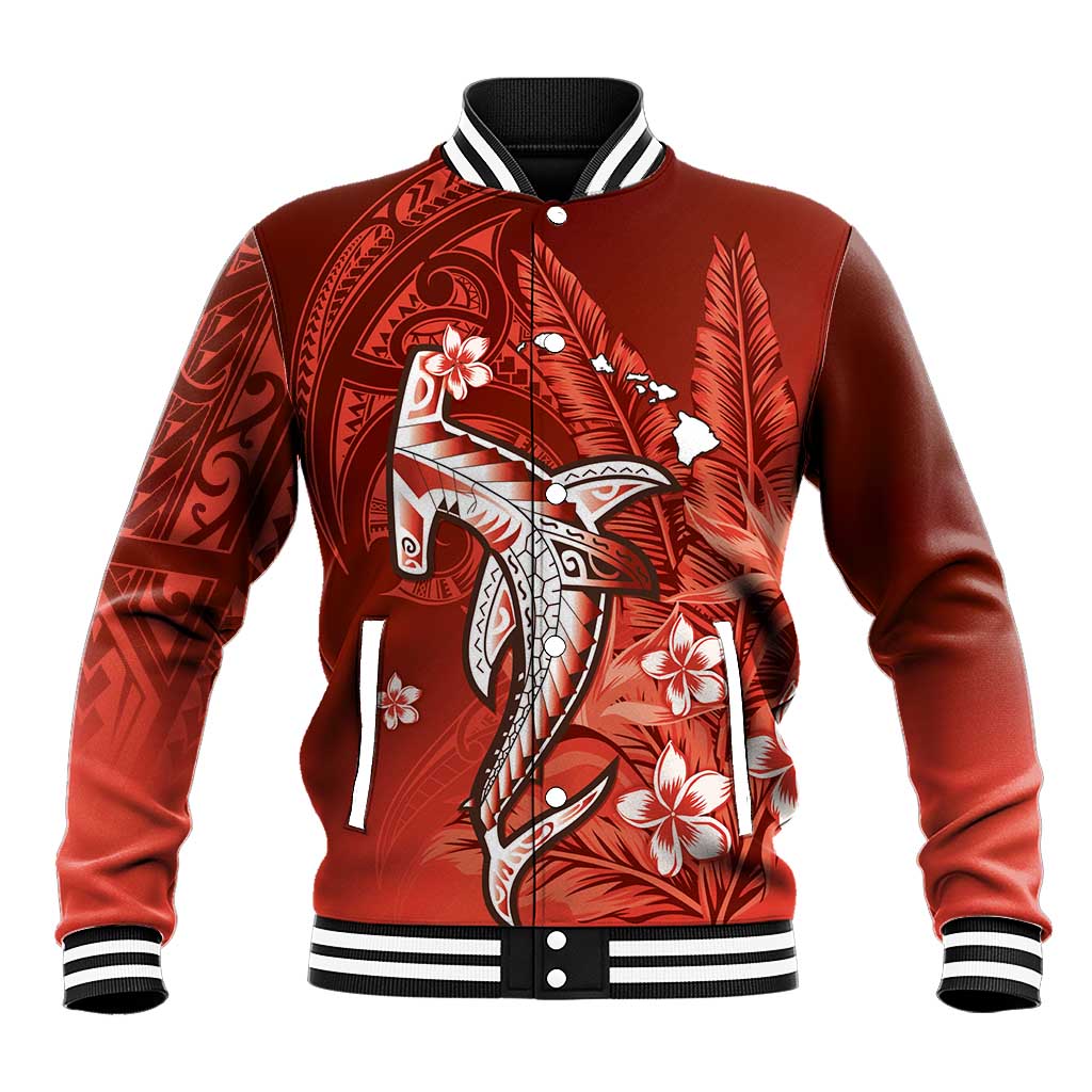 Personalized Hawaiian Maori Hammerhead Shark Baseball Jacket Ulaula Plumeria - Polynesian Pride