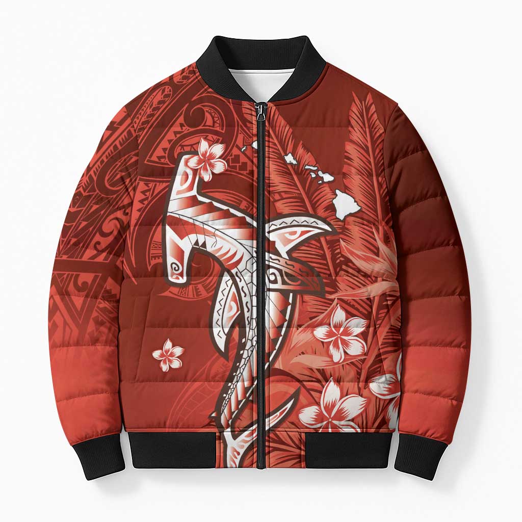 Personalized Hawaiian Maori Hammerhead Shark Bomber Puffer Jacket Ulaula Plumeria LT9 Unisex Red - Polynesian Pride