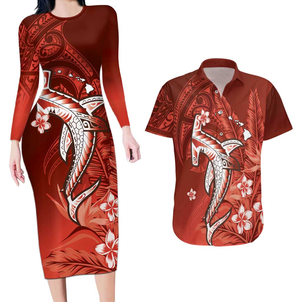Personalized Hawaiian Maori Hammerhead Shark Couples Matching Long Sleeve Bodycon Dress and Hawaiian Shirt Ulaula Plumeria - Polynesian Pride