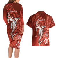Personalized Hawaiian Maori Hammerhead Shark Couples Matching Long Sleeve Bodycon Dress and Hawaiian Shirt Ulaula Plumeria - Polynesian Pride