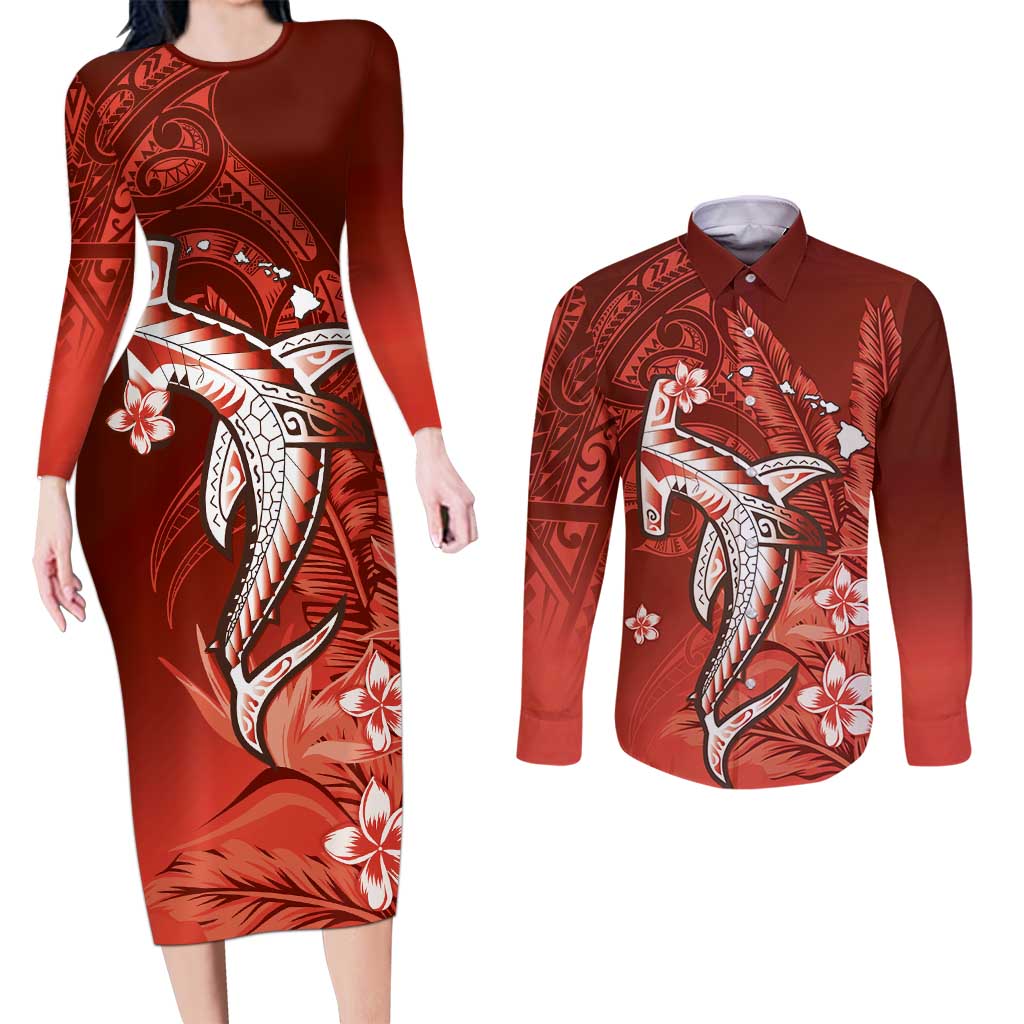 Personalized Hawaiian Maori Hammerhead Shark Couples Matching Long Sleeve Bodycon Dress and Long Sleeve Button Shirt Ulaula Plumeria - Polynesian Pride