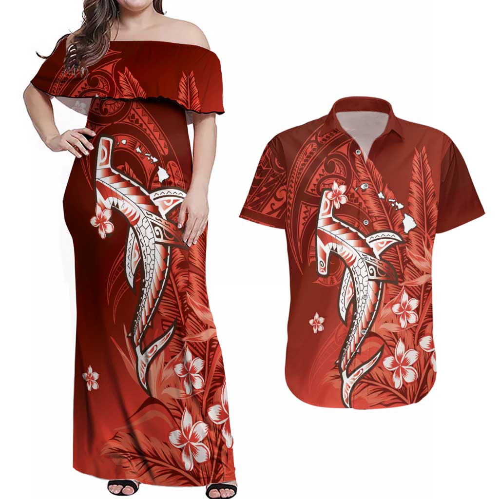 Personalized Hawaiian Maori Hammerhead Shark Couples Matching Off Shoulder Maxi Dress and Hawaiian Shirt Ulaula Plumeria - Polynesian Pride
