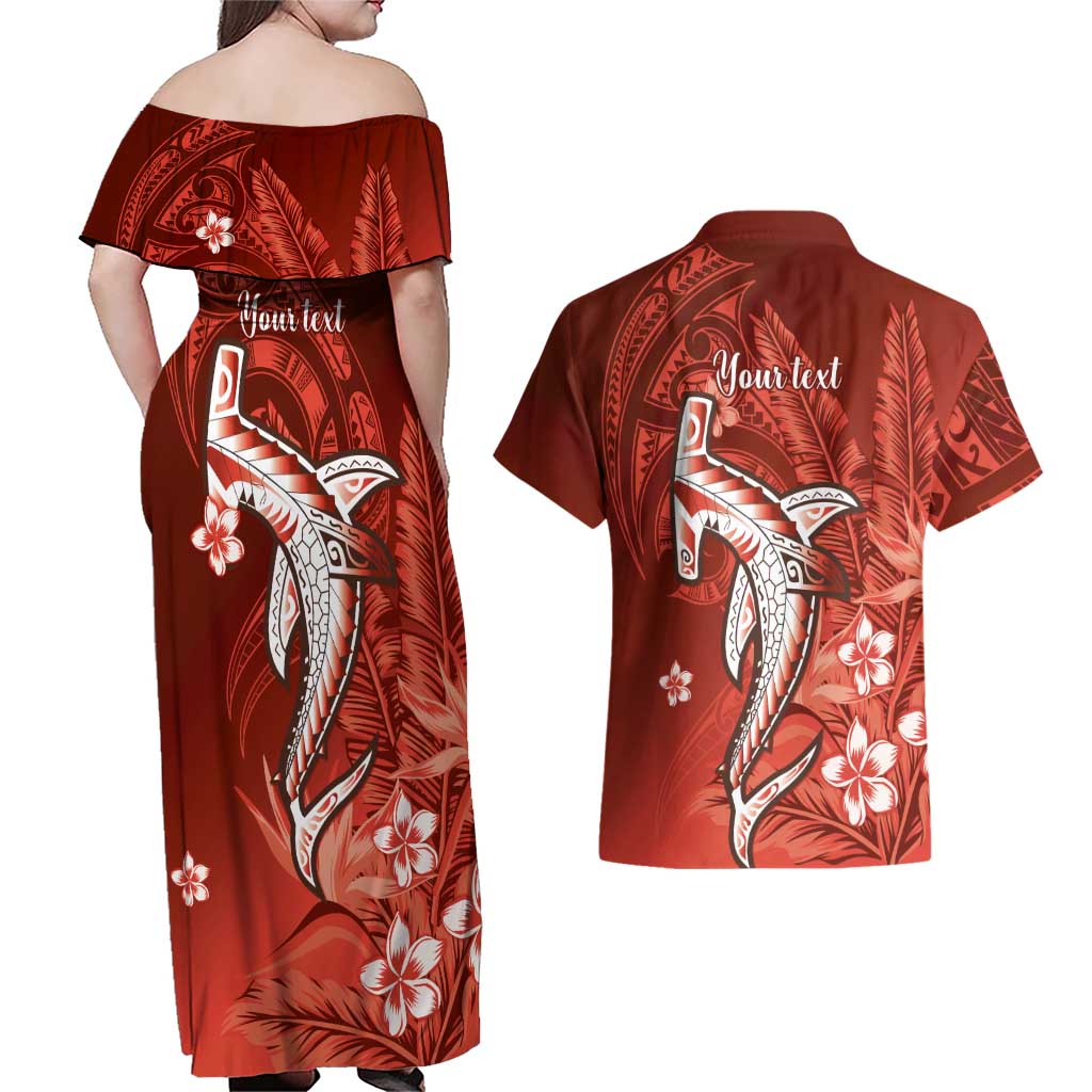 Personalized Hawaiian Maori Hammerhead Shark Couples Matching Off Shoulder Maxi Dress and Hawaiian Shirt Ulaula Plumeria - Polynesian Pride