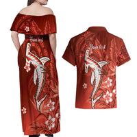 Personalized Hawaiian Maori Hammerhead Shark Couples Matching Off Shoulder Maxi Dress and Hawaiian Shirt Ulaula Plumeria - Polynesian Pride