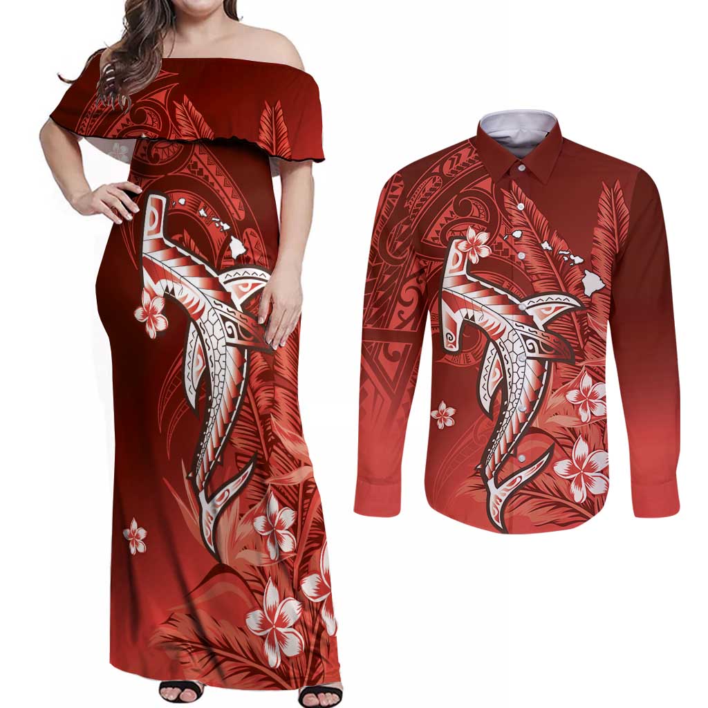 Personalized Hawaiian Maori Hammerhead Shark Couples Matching Off Shoulder Maxi Dress and Long Sleeve Button Shirt Ulaula Plumeria - Polynesian Pride