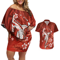 Personalized Hawaiian Maori Hammerhead Shark Couples Matching Off Shoulder Short Dress and Hawaiian Shirt Ulaula Plumeria - Polynesian Pride