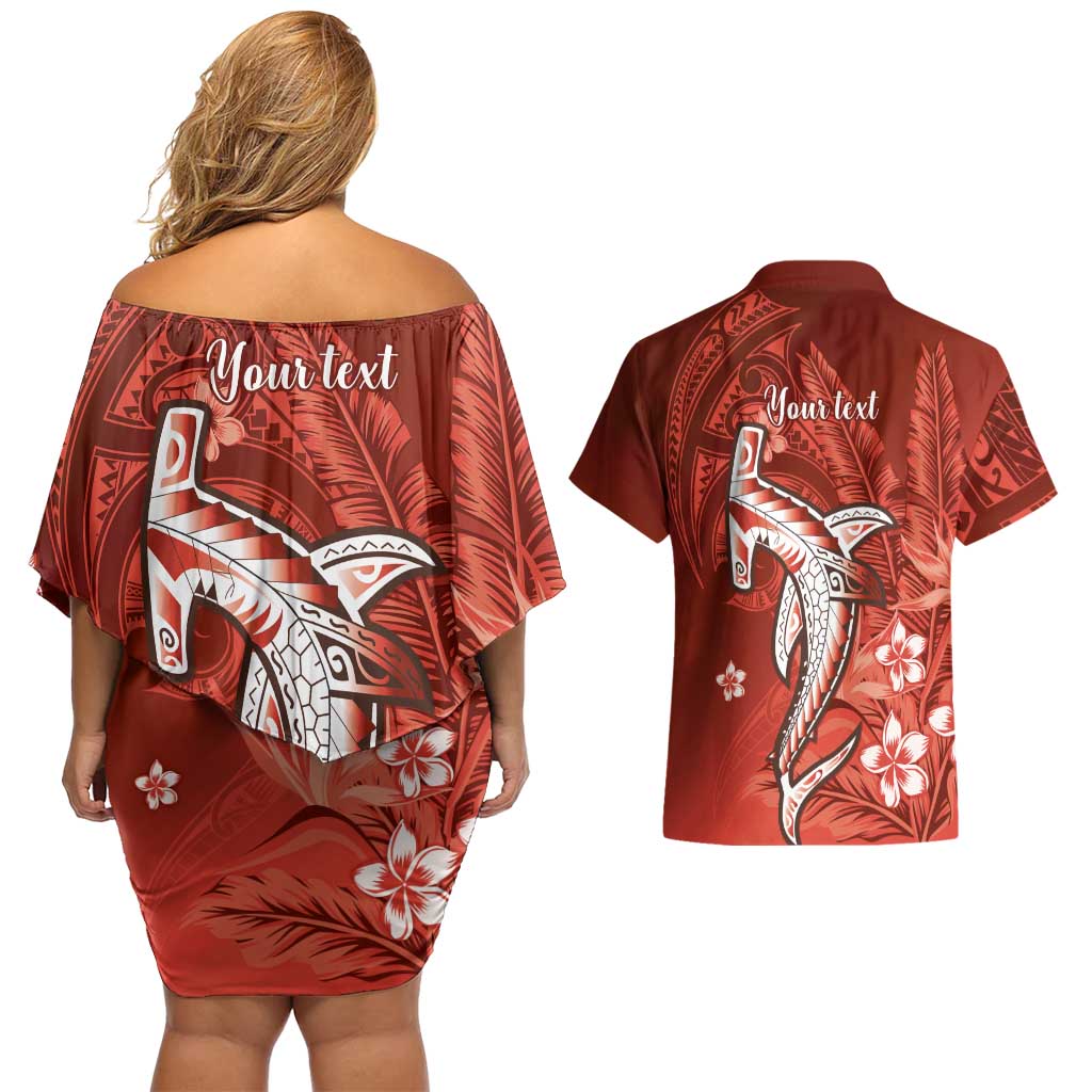 Personalized Hawaiian Maori Hammerhead Shark Couples Matching Off Shoulder Short Dress and Hawaiian Shirt Ulaula Plumeria - Polynesian Pride