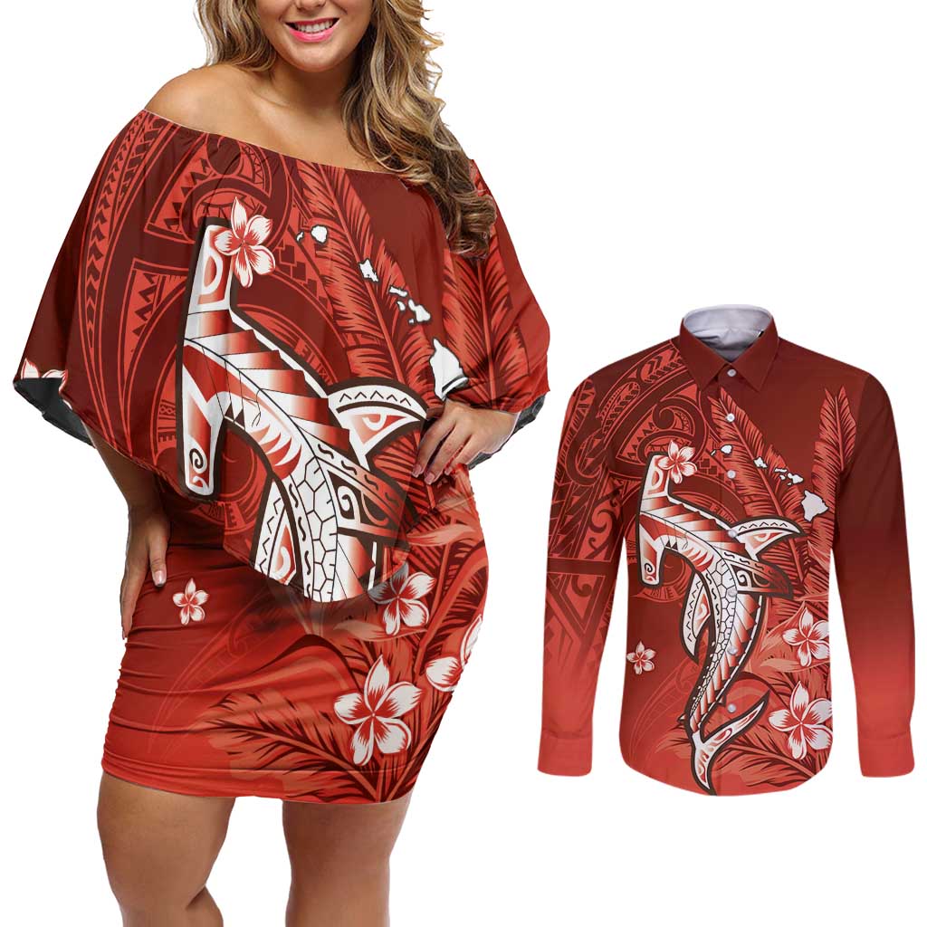 Personalized Hawaiian Maori Hammerhead Shark Couples Matching Off Shoulder Short Dress and Long Sleeve Button Shirt Ulaula Plumeria - Polynesian Pride