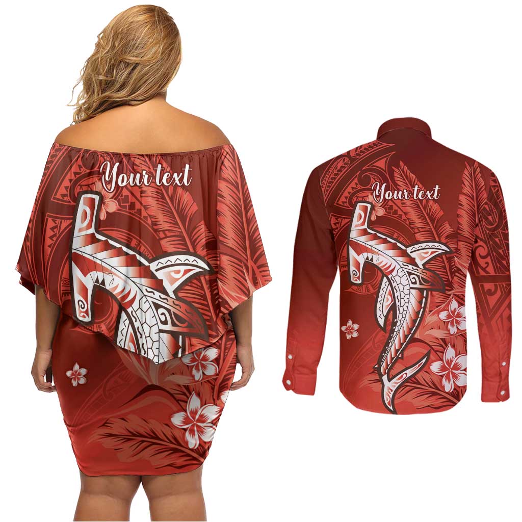 Personalized Hawaiian Maori Hammerhead Shark Couples Matching Off Shoulder Short Dress and Long Sleeve Button Shirt Ulaula Plumeria - Polynesian Pride