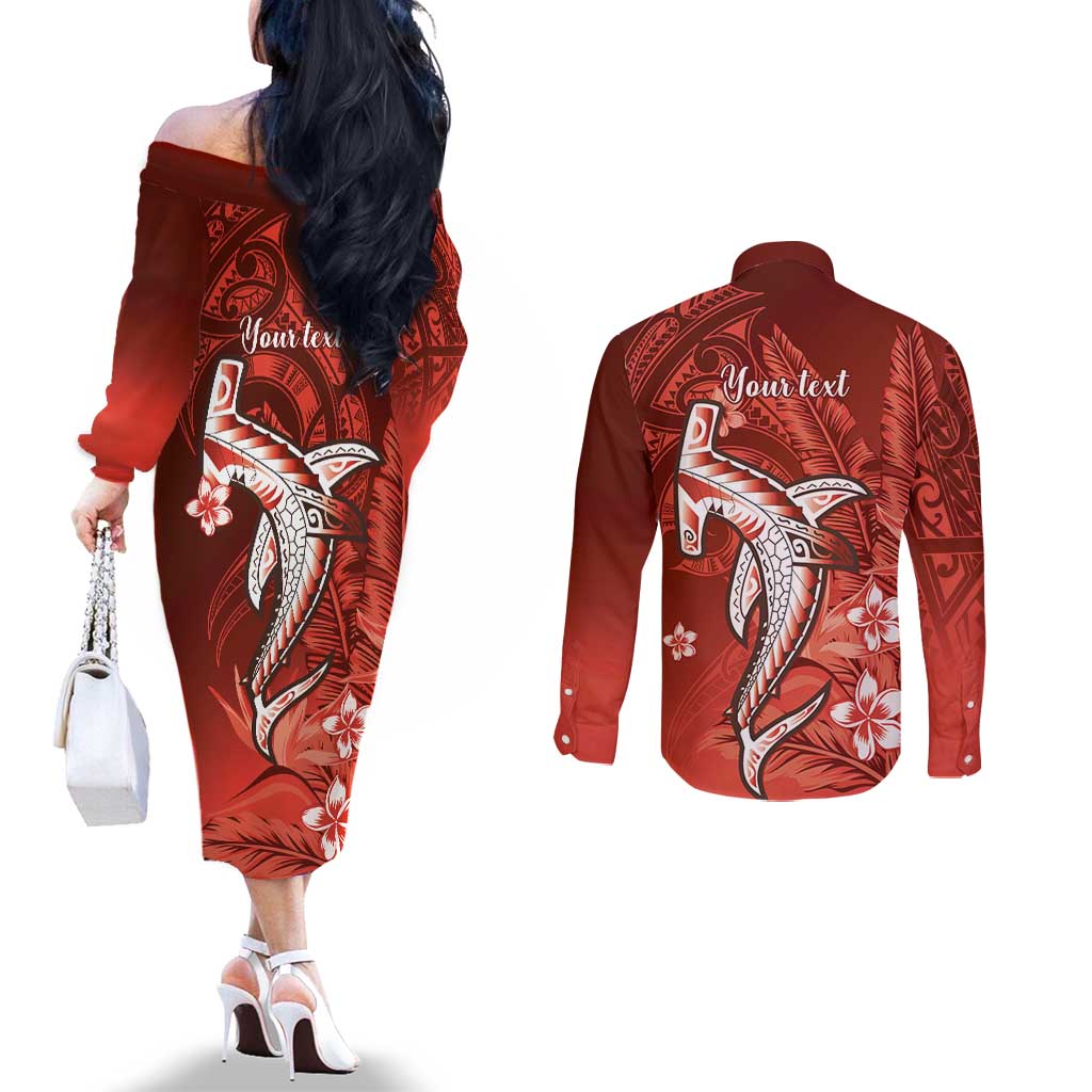 Personalized Hawaiian Maori Hammerhead Shark Couples Matching Off The Shoulder Long Sleeve Dress and Long Sleeve Button Shirt Ulaula Plumeria LT9 - Polynesian Pride