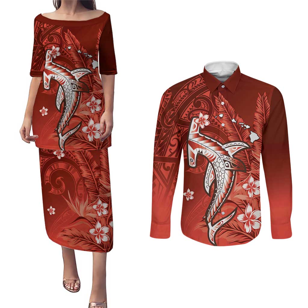 Personalized Hawaiian Maori Hammerhead Shark Couples Matching Puletasi and Long Sleeve Button Shirt Ulaula Plumeria - Polynesian Pride