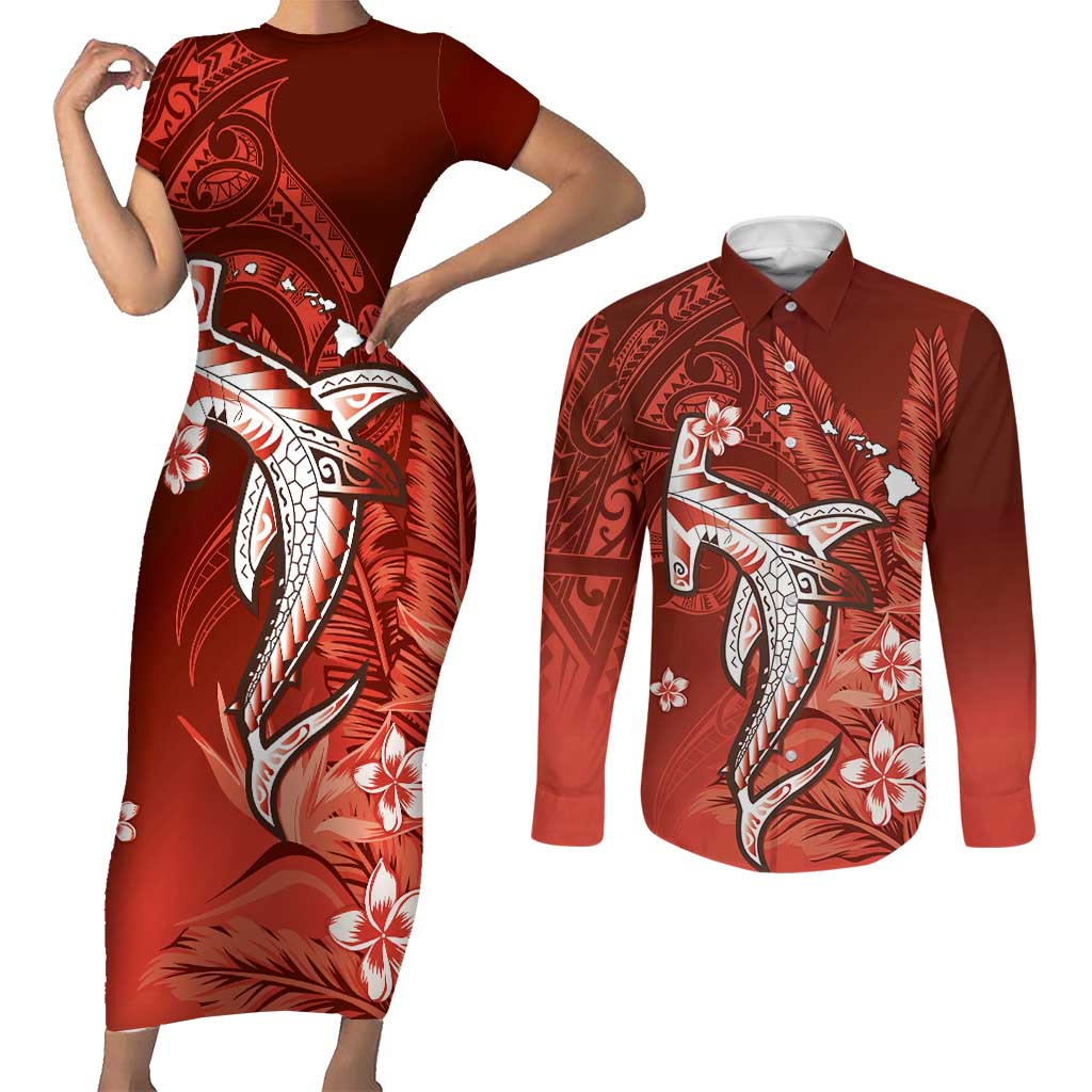 Personalized Hawaiian Maori Hammerhead Shark Couples Matching Short Sleeve Bodycon Dress and Long Sleeve Button Shirt Ulaula Plumeria - Polynesian Pride