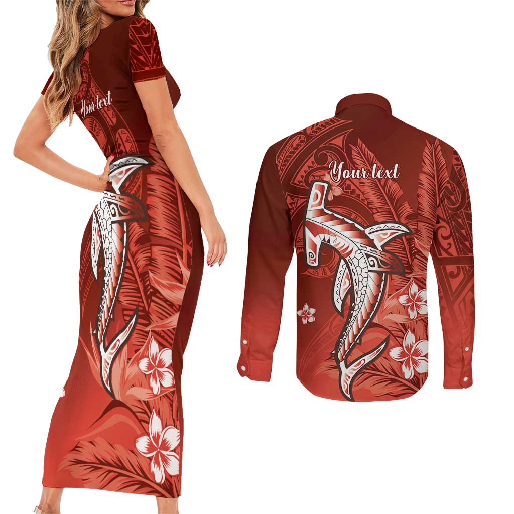 Personalized Hawaiian Maori Hammerhead Shark Couples Matching Short Sleeve Bodycon Dress and Long Sleeve Button Shirt Ulaula Plumeria - Polynesian Pride