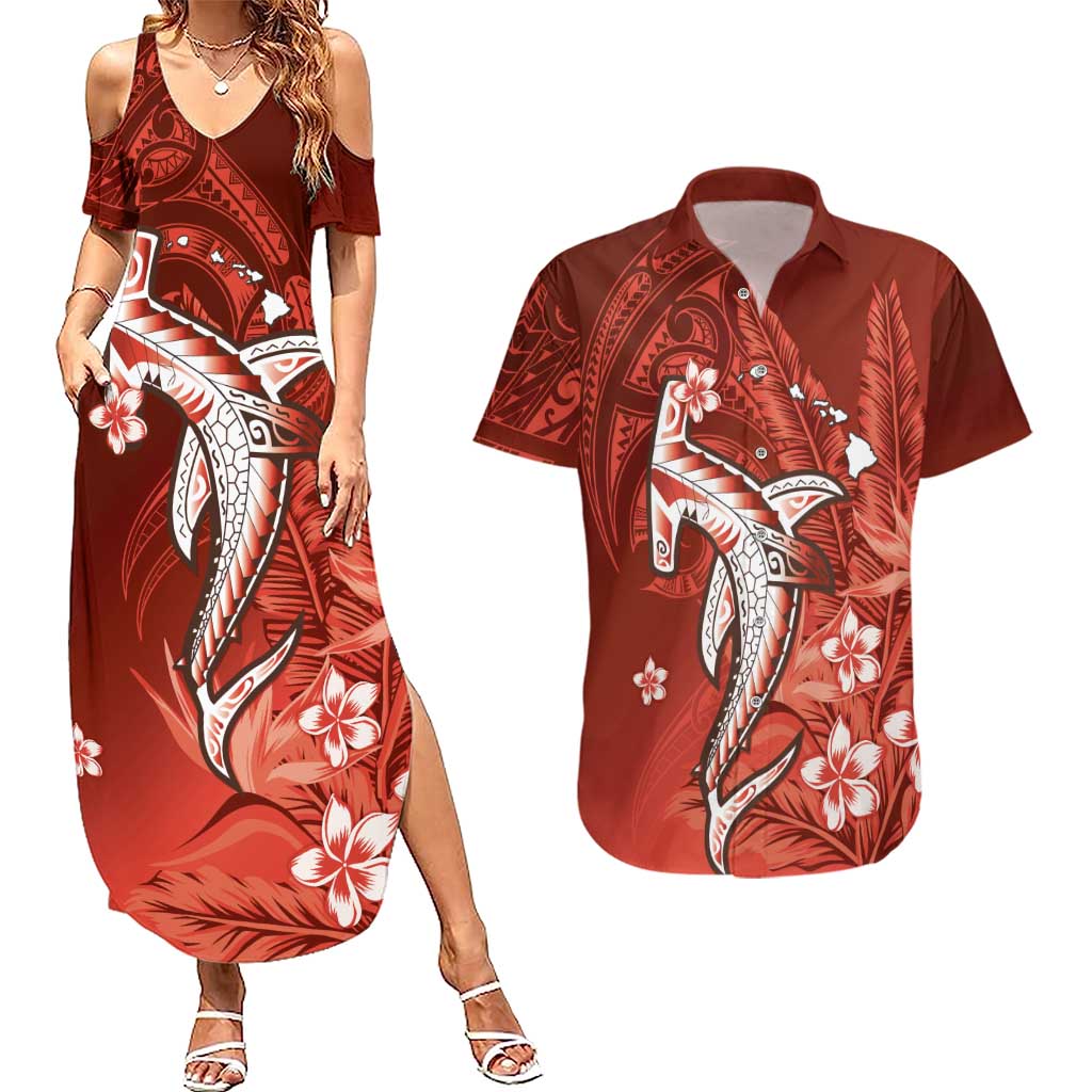 Personalized Hawaiian Maori Hammerhead Shark Couples Matching Summer Maxi Dress and Hawaiian Shirt Ulaula Plumeria - Polynesian Pride