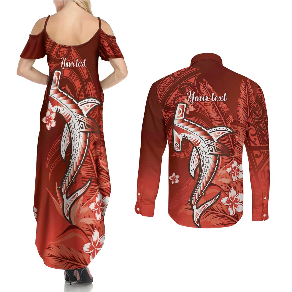Personalized Hawaiian Maori Hammerhead Shark Couples Matching Summer Maxi Dress and Long Sleeve Button Shirt Ulaula Plumeria - Polynesian Pride