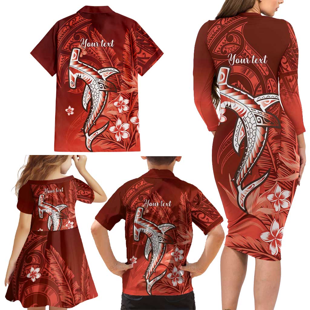 Personalized Hawaiian Maori Hammerhead Shark Family Matching Long Sleeve Bodycon Dress and Hawaiian Shirt Ulaula Plumeria