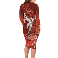 Personalized Hawaiian Maori Hammerhead Shark Family Matching Long Sleeve Bodycon Dress and Hawaiian Shirt Ulaula Plumeria