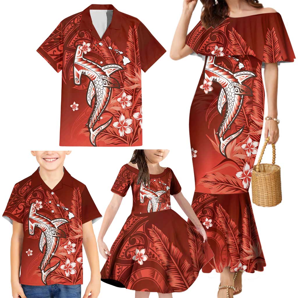 Personalized Hawaiian Maori Hammerhead Shark Family Matching Mermaid Dress and Hawaiian Shirt Ulaula Plumeria