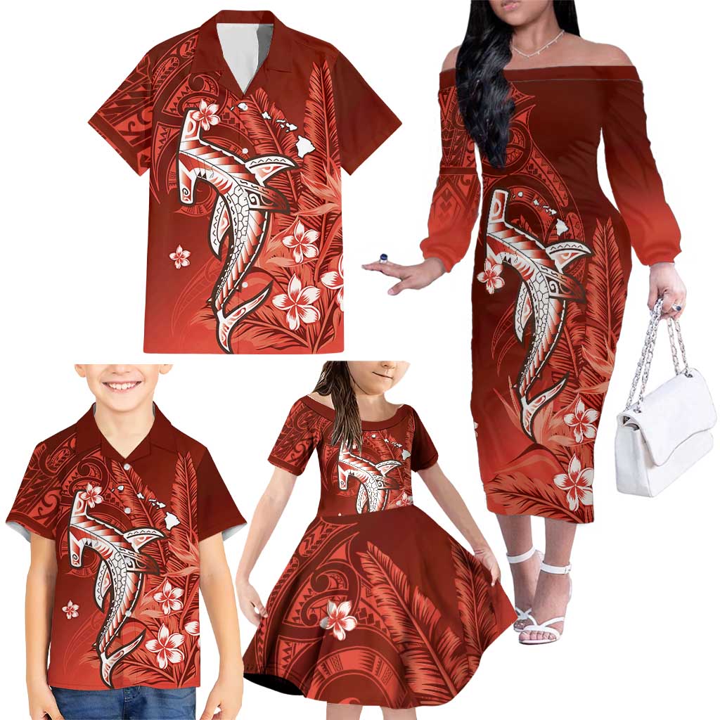 Personalized Hawaiian Maori Hammerhead Shark Family Matching Off The Shoulder Long Sleeve Dress and Hawaiian Shirt Ulaula Plumeria