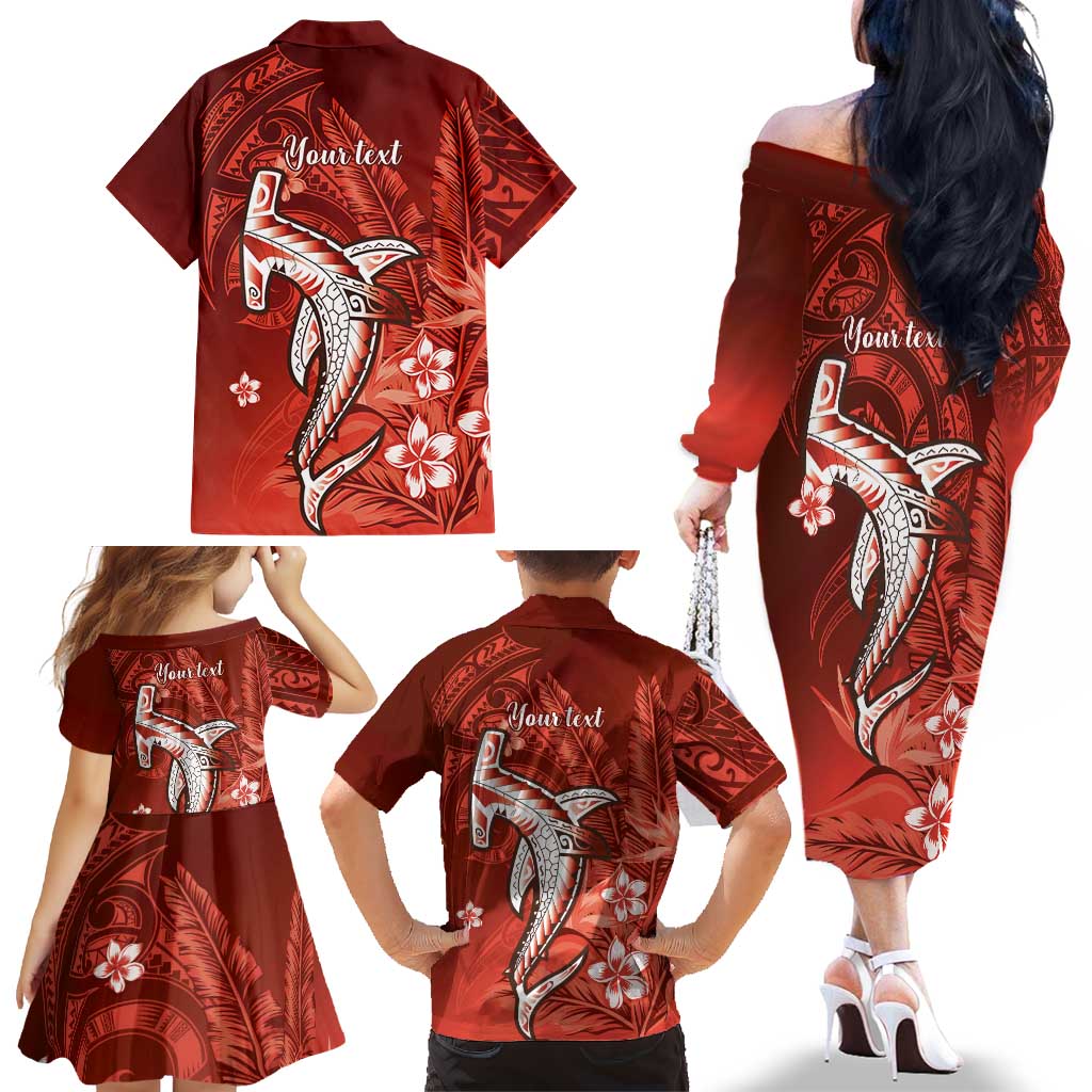 Personalized Hawaiian Maori Hammerhead Shark Family Matching Off The Shoulder Long Sleeve Dress and Hawaiian Shirt Ulaula Plumeria