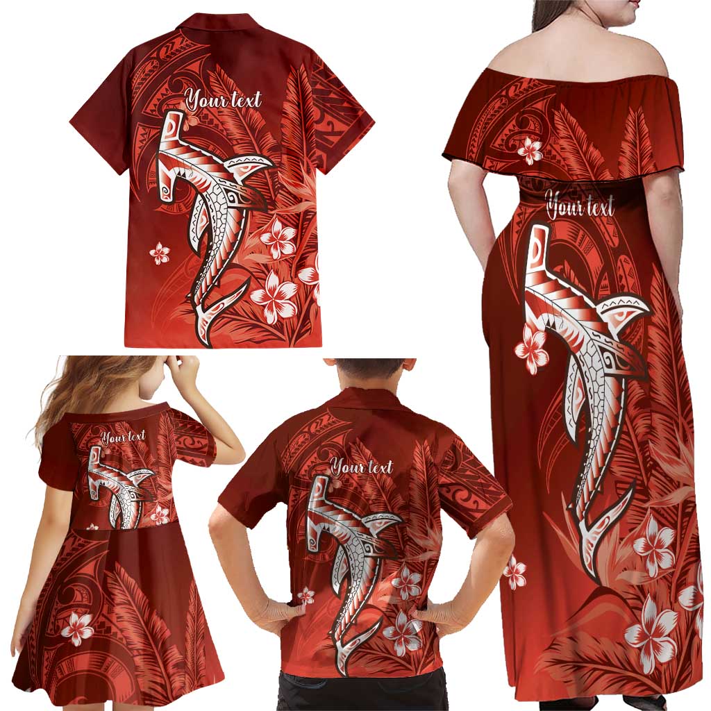 Personalized Hawaiian Maori Hammerhead Shark Family Matching Off Shoulder Maxi Dress and Hawaiian Shirt Ulaula Plumeria