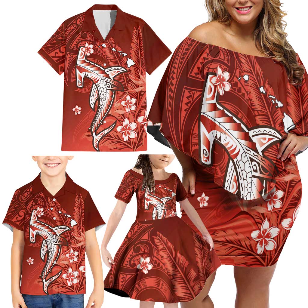 Personalized Hawaiian Maori Hammerhead Shark Family Matching Off Shoulder Short Dress and Hawaiian Shirt Ulaula Plumeria