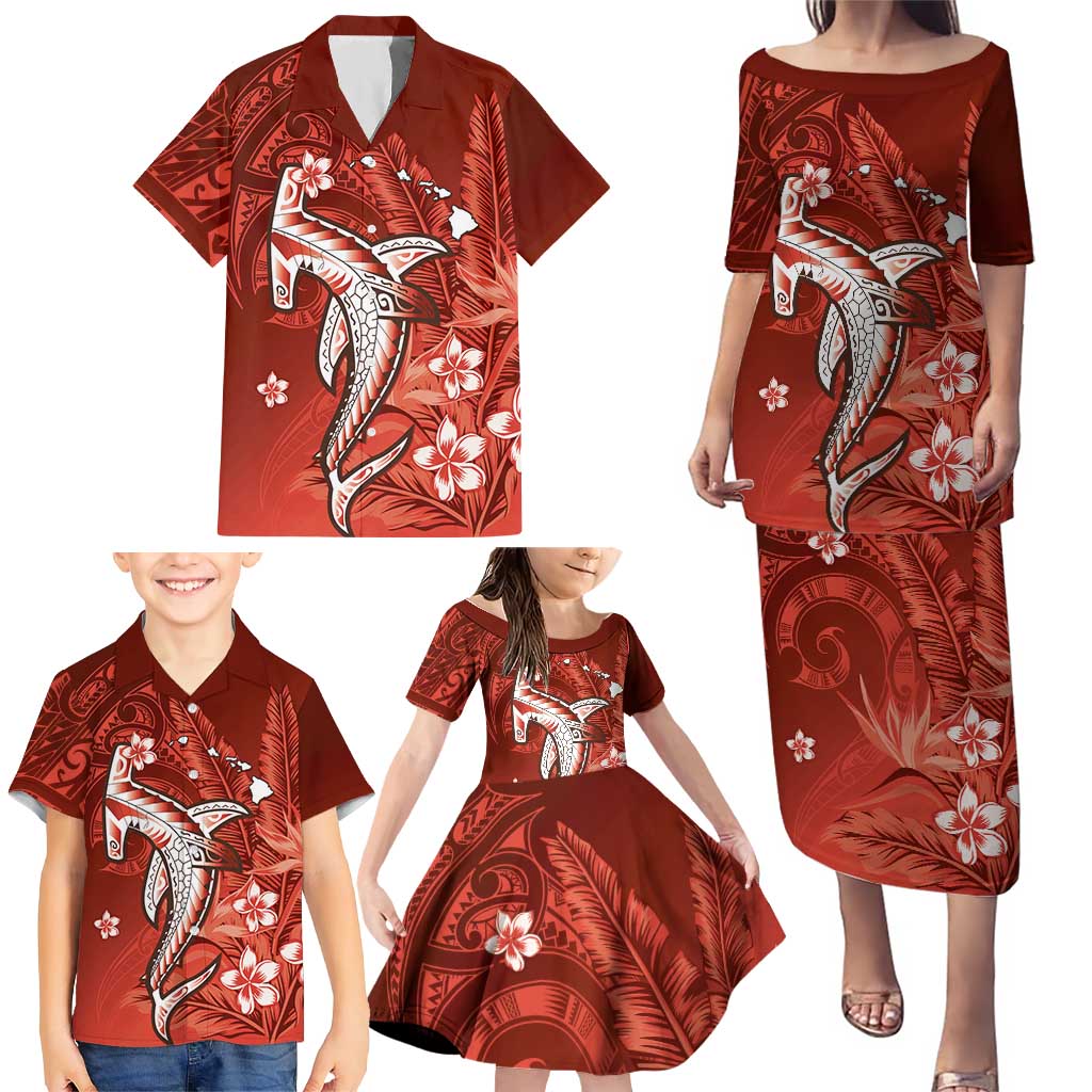 Personalized Hawaiian Maori Hammerhead Shark Family Matching Puletasi and Hawaiian Shirt Ulaula Plumeria