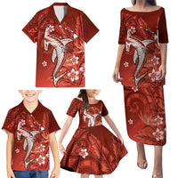 Personalized Hawaiian Maori Hammerhead Shark Family Matching Puletasi and Hawaiian Shirt Ulaula Plumeria