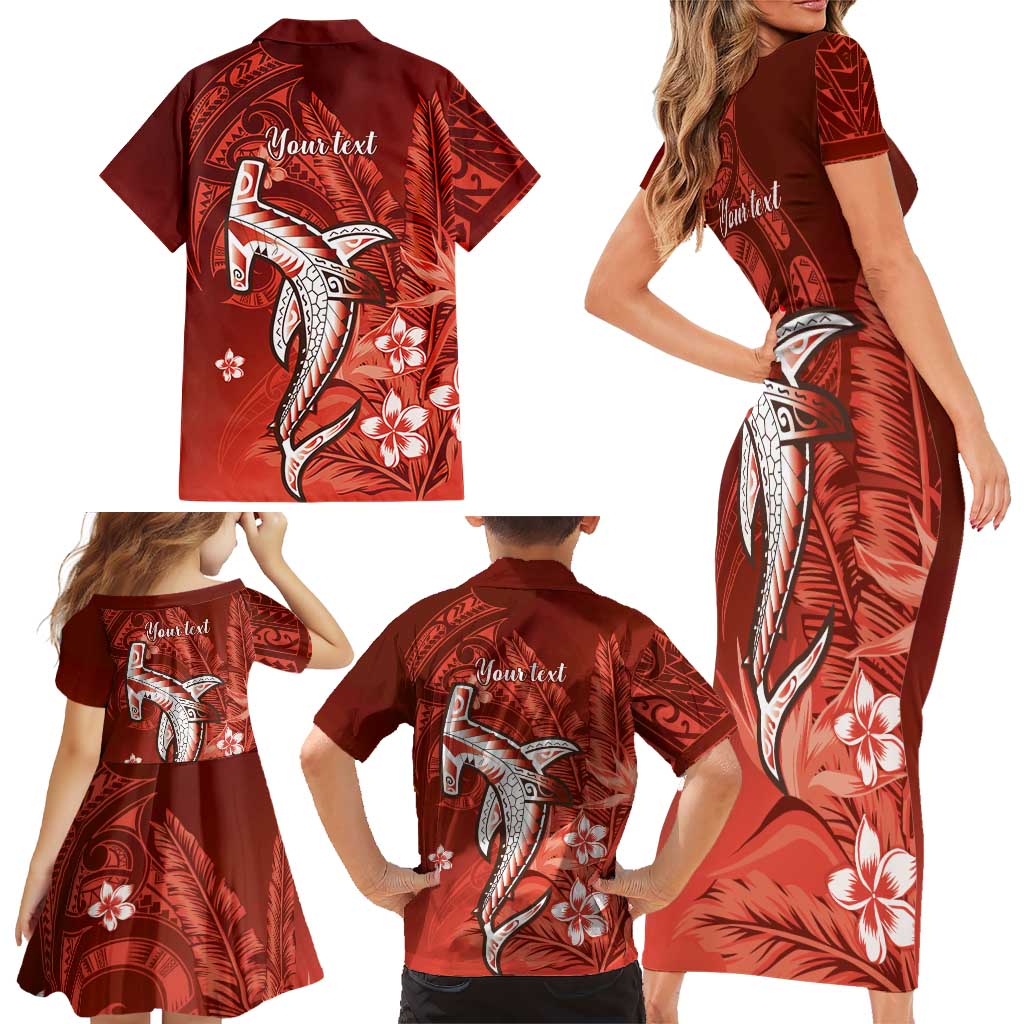 Personalized Hawaiian Maori Hammerhead Shark Family Matching Short Sleeve Bodycon Dress and Hawaiian Shirt Ulaula Plumeria