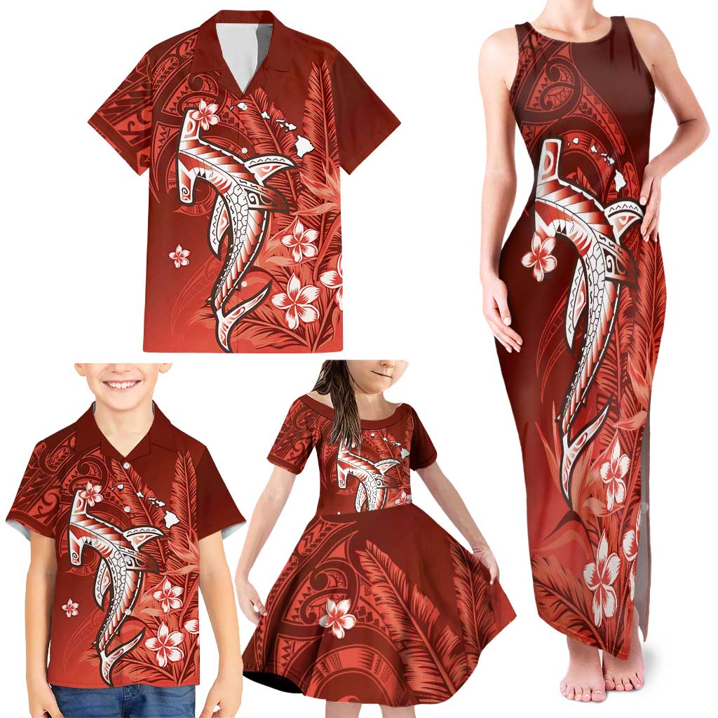 Personalized Hawaiian Maori Hammerhead Shark Family Matching Tank Maxi Dress and Hawaiian Shirt Ulaula Plumeria