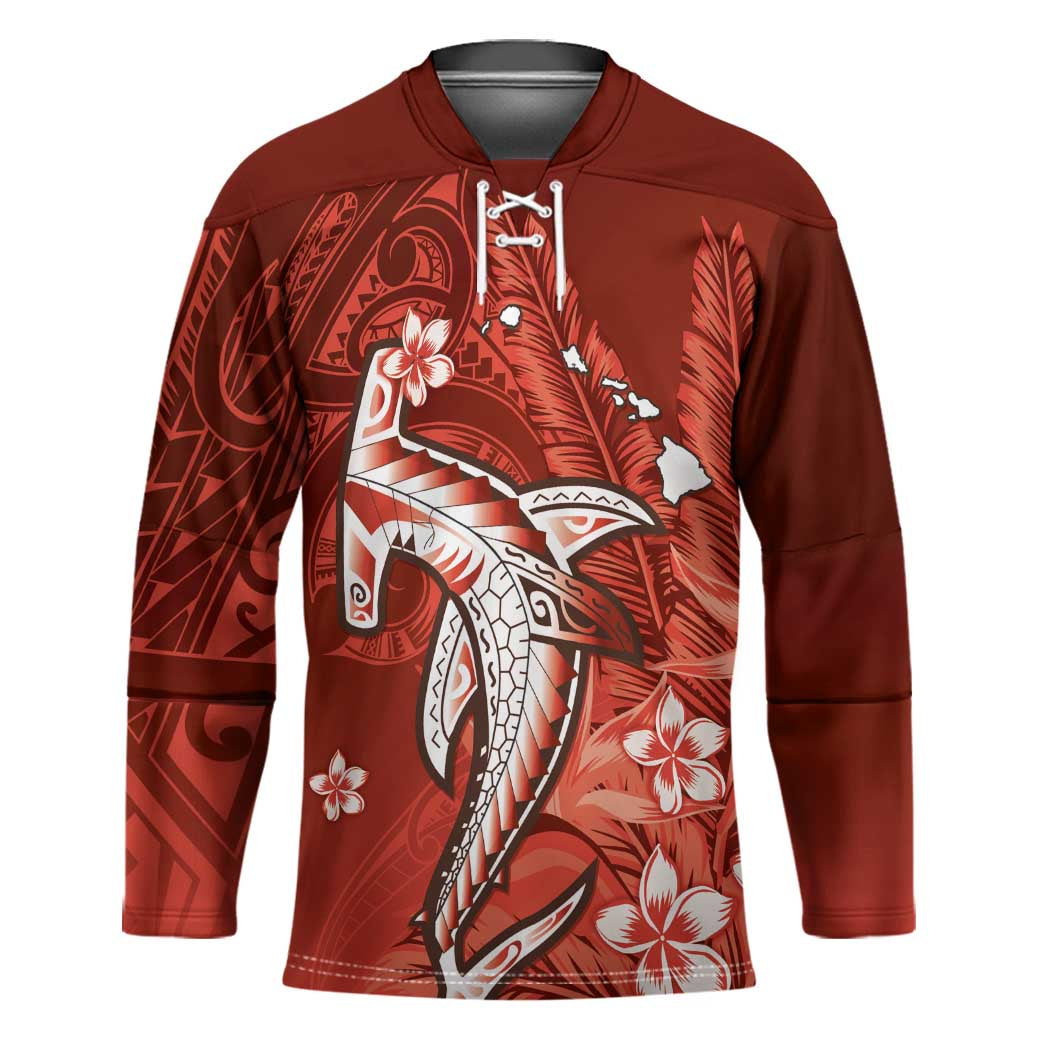 Personalized Hawaiian Maori Hammerhead Shark Hockey Jersey Ulaula Plumeria LT9 Unisex Red - Polynesian Pride