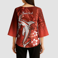 Personalized Hawaiian Maori Hammerhead Shark Kimono Sleeve Blouse Ulaula Plumeria - Polynesian Pride