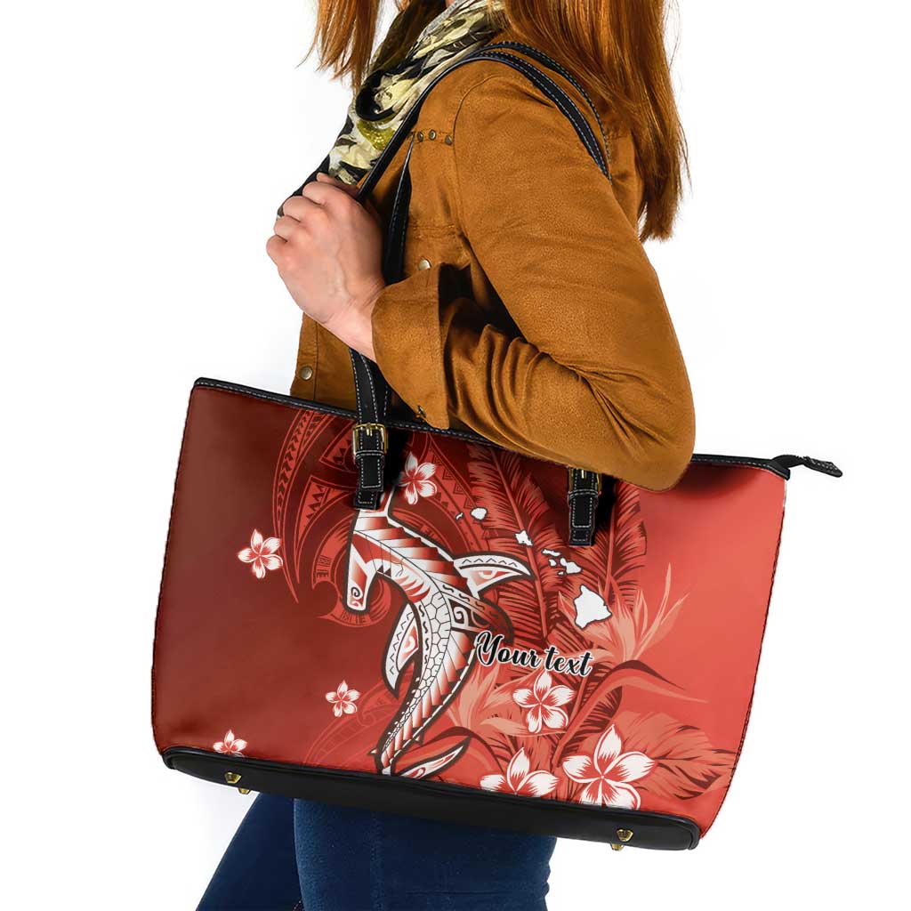 Personalized Hawaiian Maori Hammerhead Shark Leather Tote Bag Ulaula Plumeria - Polynesian Pride