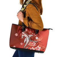 Personalized Hawaiian Maori Hammerhead Shark Leather Tote Bag Ulaula Plumeria - Polynesian Pride