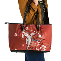 Personalized Hawaiian Maori Hammerhead Shark Leather Tote Bag Ulaula Plumeria - Polynesian Pride