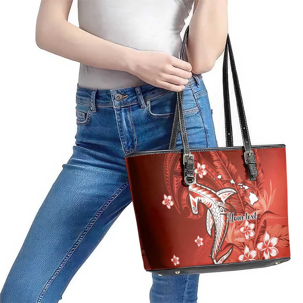 Personalized Hawaiian Maori Hammerhead Shark Leather Tote Bag Ulaula Plumeria - Polynesian Pride