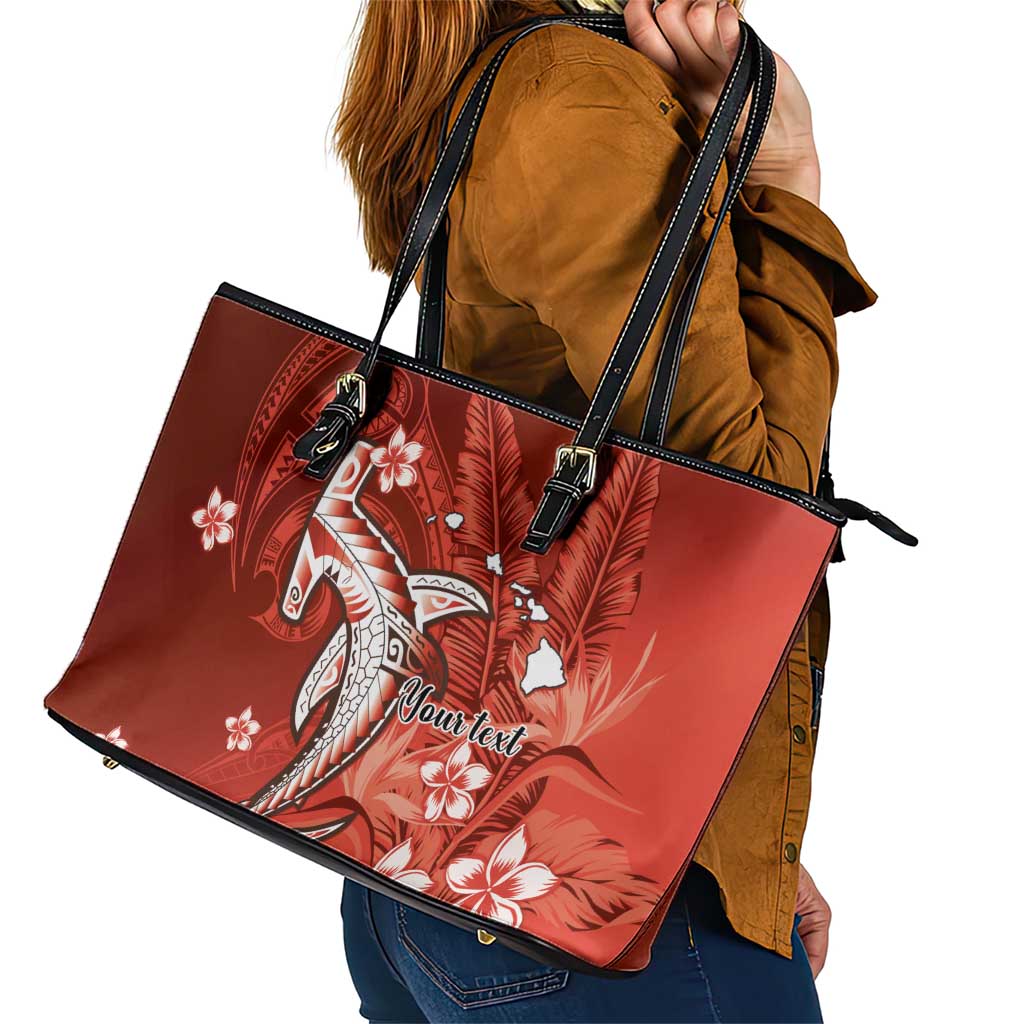 Personalized Hawaiian Maori Hammerhead Shark Leather Tote Bag Ulaula Plumeria - Polynesian Pride