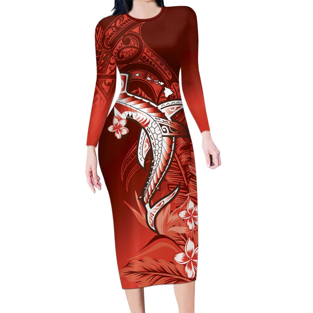 Personalized Hawaiian Maori Hammerhead Shark Long Sleeve Bodycon Dress Ulaula Plumeria - Polynesian Pride
